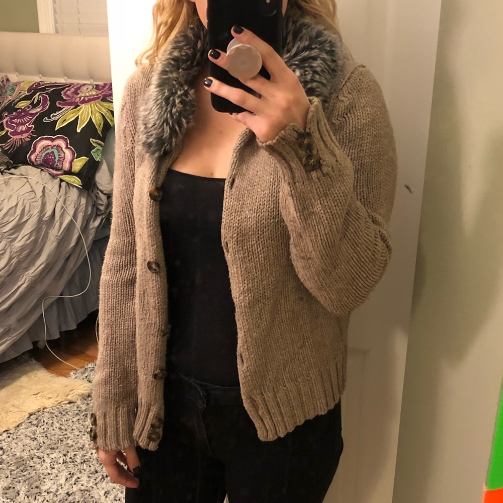Knit taupe faux Fur lined cardigan sweater
